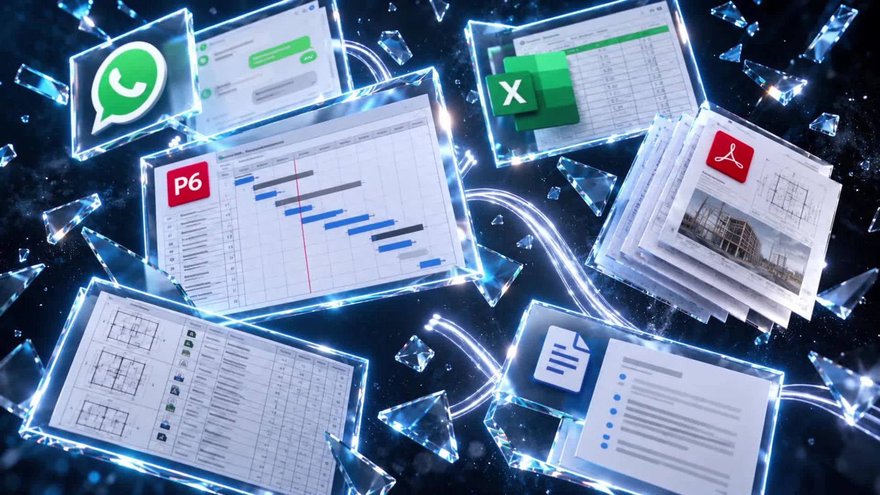 Messages, spreadsheets, programmes and reports suspended on disconnected glass panels